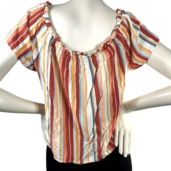 Pink Republic Juniors'  Ruched Neck Rust Ivory Blue Multi Color Strips Top Large - Picture 9 of 14